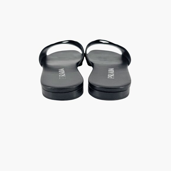 Prada Black Leather Triangle Logo Cutout Mule Slide Sandal Flat Size 39.5 US 9.5 - Picture 7 of 15